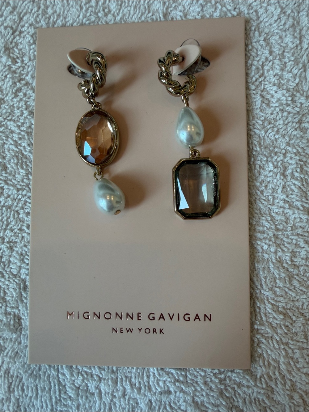 Mignonne Gavigan Gold Pearl and Smoky Crystal Drop Earrings